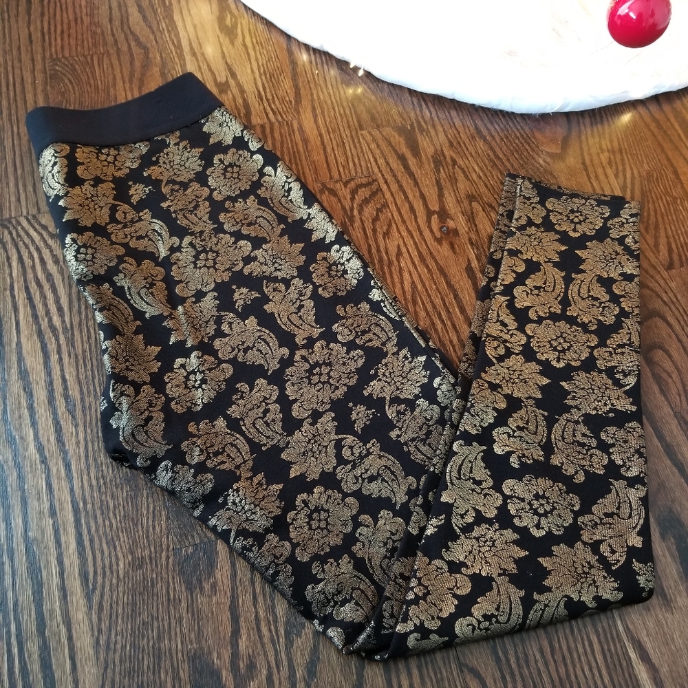 Black Gold Metallic Holiday Party Leggings Pants